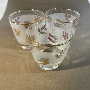 3 Vintage Libbey Frosted Golden Foliage Leaf Glasses Short Barware 5" (121)
